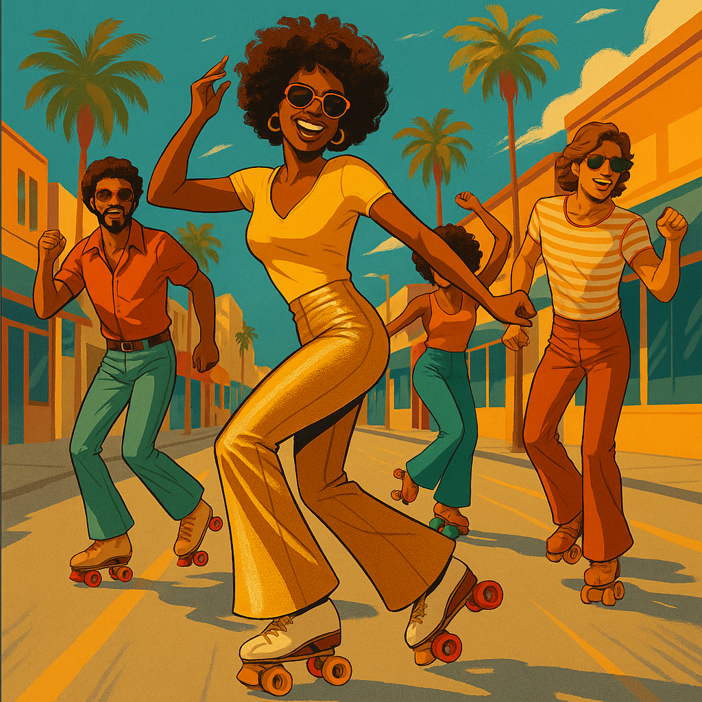 Retro-style group dancing on roller skates down a sunny palm-lined street.（ヤシの木に囲まれた晴天の路上で、ローラースケートを履いて踊るレトロ風ファンキーな仲間たち）