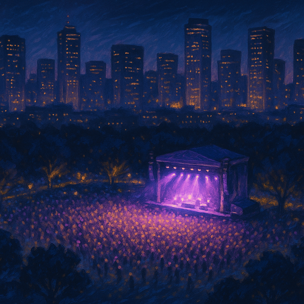 Digital painting of a nighttime outdoor concert in a city park, with glowing purple stage lights and a softly lit skyline in the distance. （紫の照明が輝くステージと、やわらかに光る都市の夜景を描いた夜の屋外コンサートのデジタルペイント）
