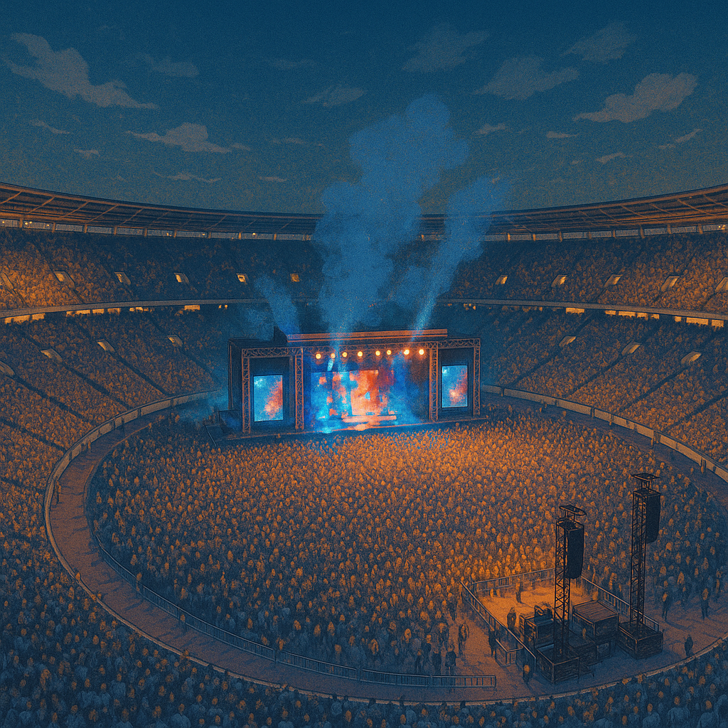 A digital illustration of a night concert in a massive stadium, viewed from above, with vibrant blue and orange stage lighting reflecting off the cheering crowd.（巨大スタジアムでの夜のコンサートを上空から描いたイラスト風画像。青とオレンジの照明が観客を照らしている）