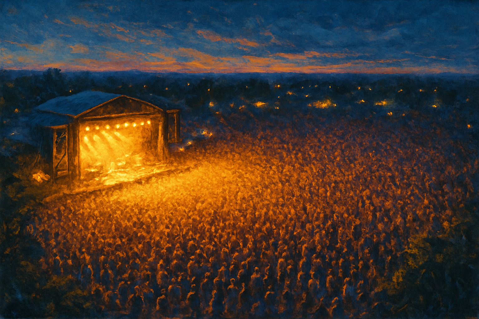 An impressionistic painting of a twilight outdoor concert, with warm orange lights glowing from the stage and a vast crowd rendered in brushstroke texture.（夕暮れの野外コンサートを描いた印象派風イラスト。オレンジの照明と観客の熱気が筆致で表現されている）