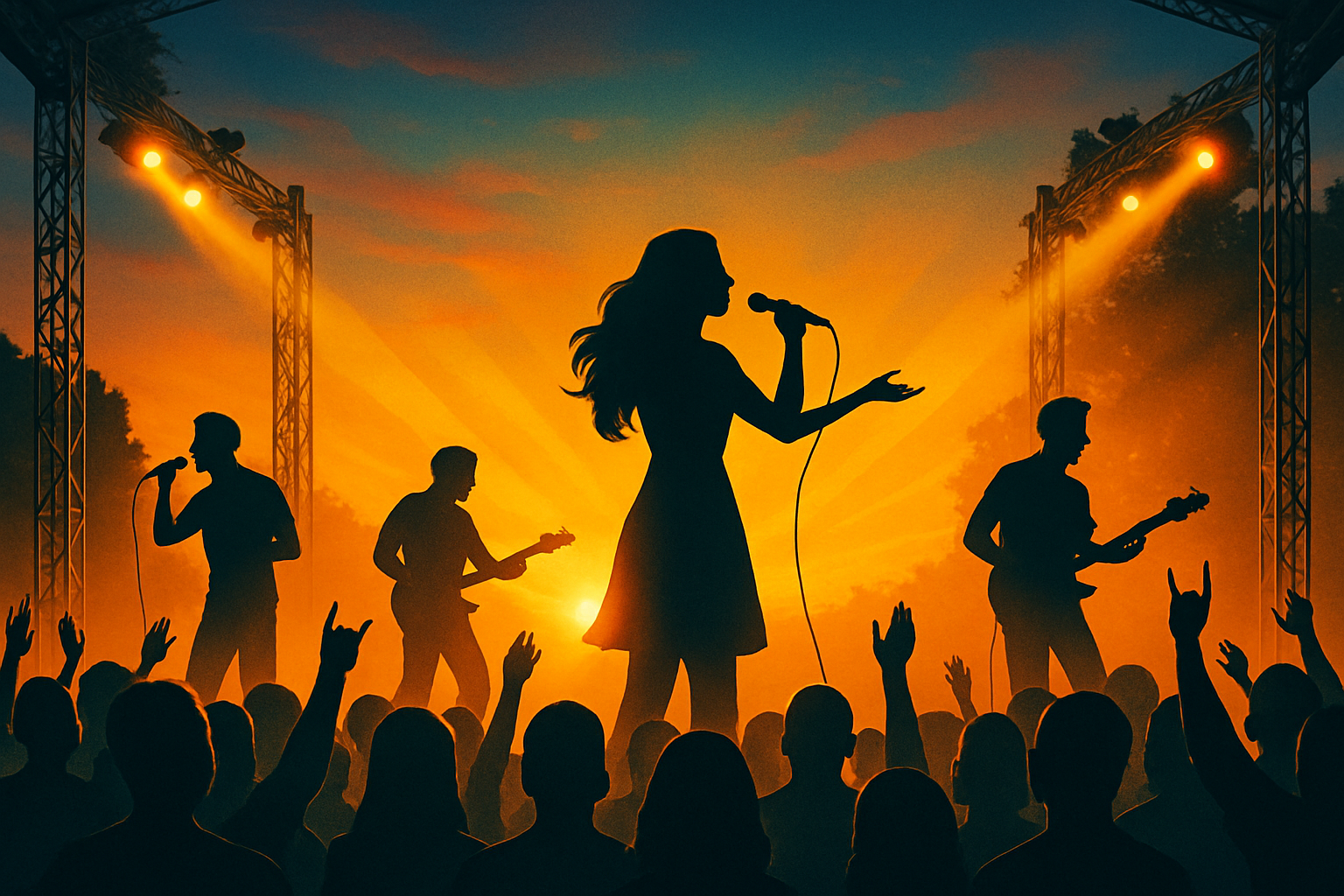 A live concert scene at sunset with silhouetted band and crowd – 野外ライブ会場、夕暮れのシルエット演出