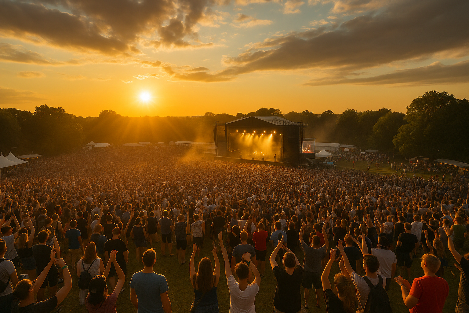 Aerial view of a lively summer music festival at sunset, with a cheering crowd in front of an illuminated outdoor stage.（夕暮れ時の夏フェスを上空から撮影した画像。熱気に包まれた観客と光に照らされたステージの様子）