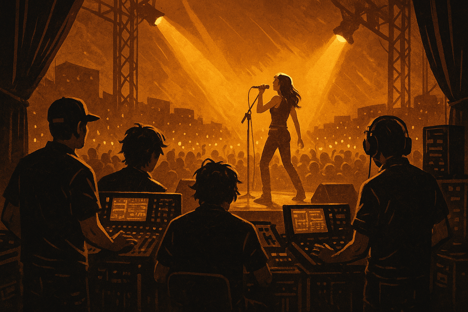 A bold digital illustration showing a backstage view of a live concert with a powerful female singer in a dynamic pose under golden lights, as silhouetted crew members manage the controls. （黄金の照明の中、力強いポーズで歌う女性シンガーと、その背後で音響を操作するスタッフたちを描いた迫力あるステージ裏のイラスト）