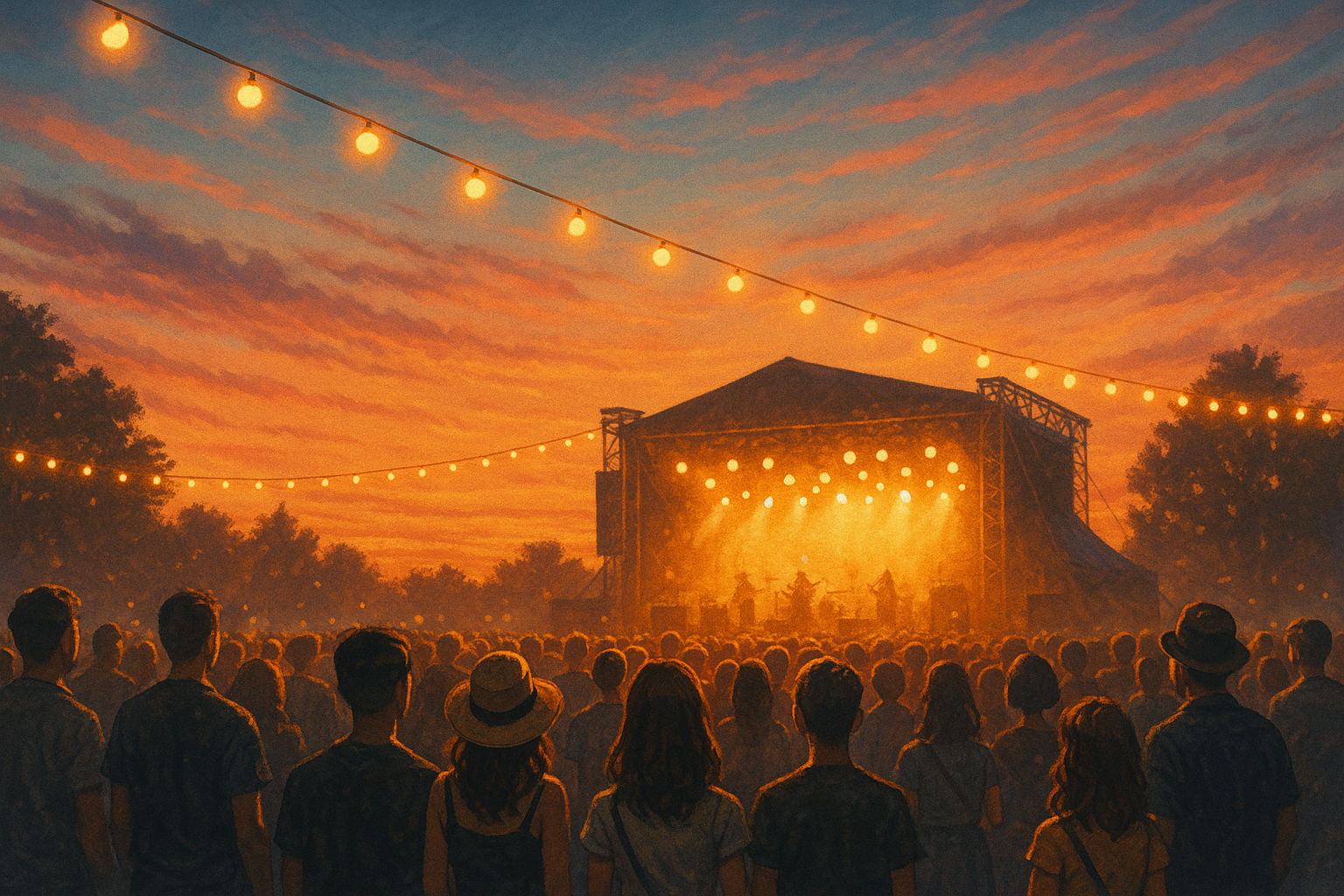Illustrated scene of an outdoor music festival at sunset, with a glowing stage and a silhouetted crowd under string lights. （夕焼け空の下、ライトに照らされた野外ステージと観客のシルエットを描いたイラスト風の音楽フェス風景）
