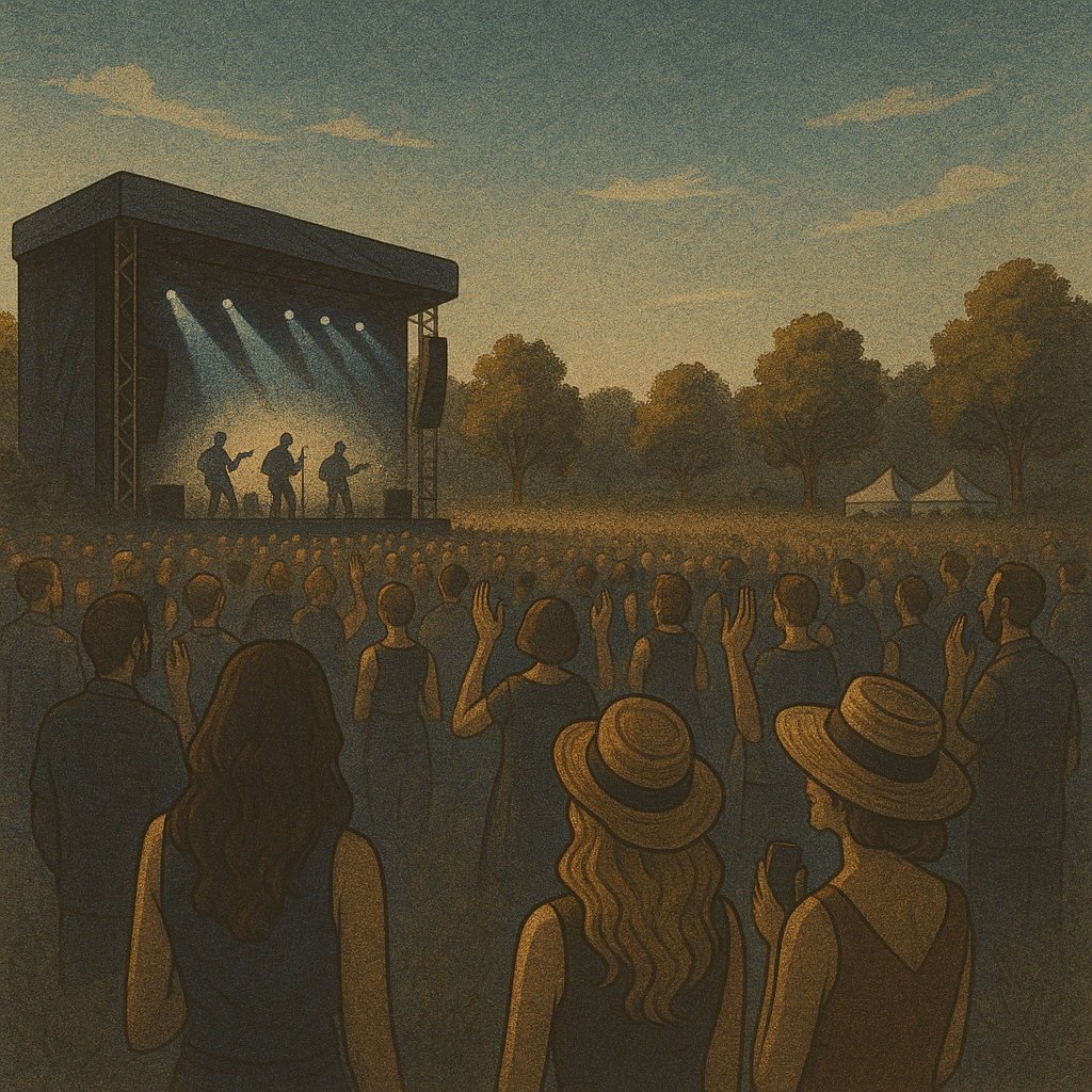 Aerial view illustration of a mature summer music festival crowd under golden light （夕暮れの光に包まれた大人向け夏フェスを上空から描いたイラスト）