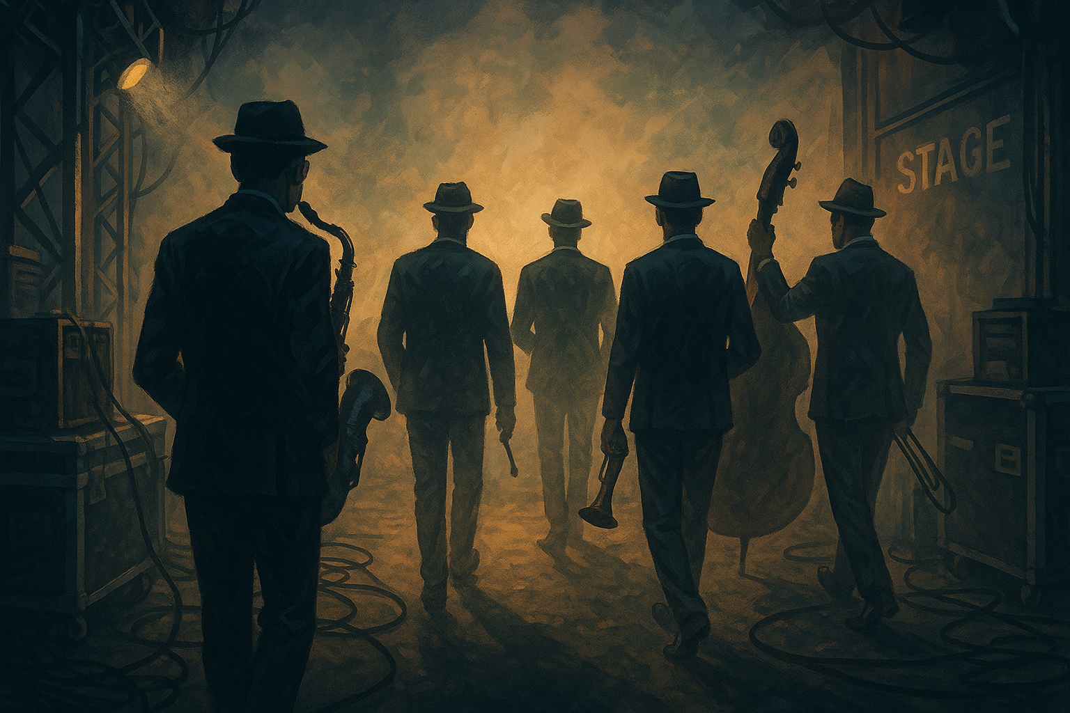 A semi-illustrated backstage scene of a five-member jazz band walking toward the stage with instruments in hand, lit by warm stage lights.（温かな照明に照らされながらステージへ向かう5人組ジャズバンドのステージ裏風景／イラスト調）