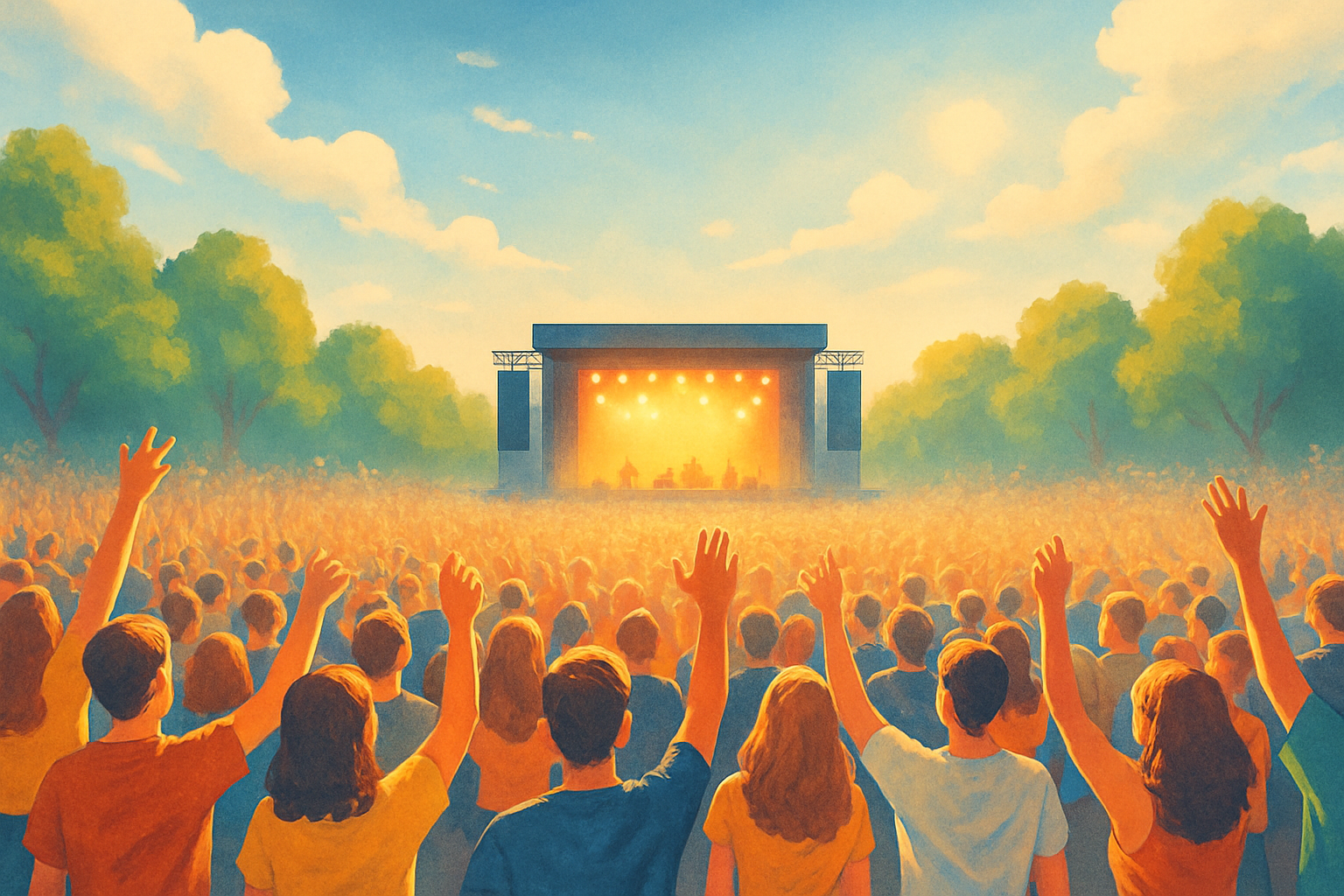 A soft, semi-illustrated aerial scene of a summer music festival, showing a golden-lit stage and a joyful crowd under a calm blue sky, with trees framing the horizon.（ややイラスト調で描かれた夏フェスの上空構図。夕陽のような光を浴びるステージと、青空の下で盛り上がる観客の姿）