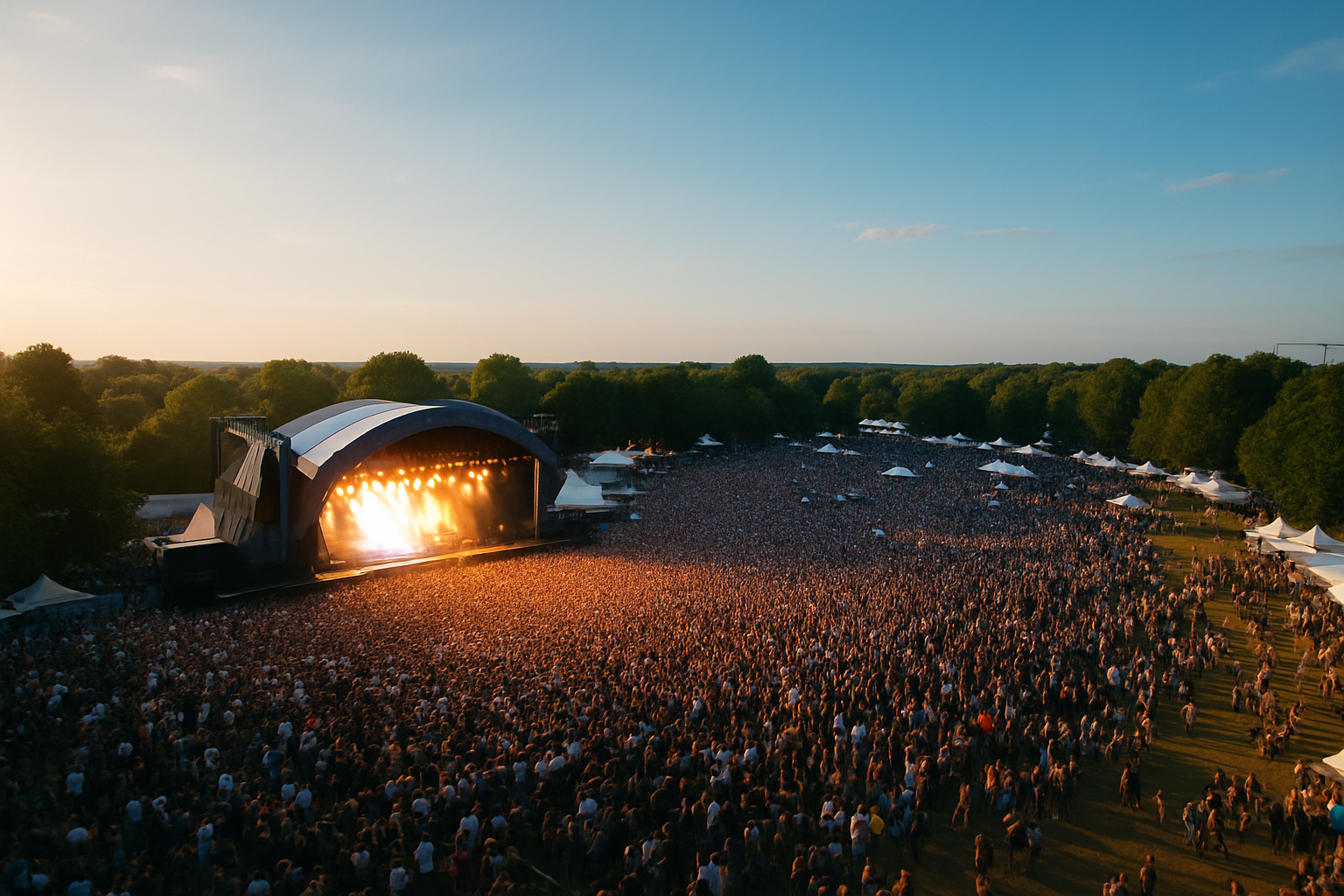 A vibrant summer music festival from above, filled with crowds under a clear sky.（真夏の快晴下、上空から見た賑わう音楽フェスの風景）