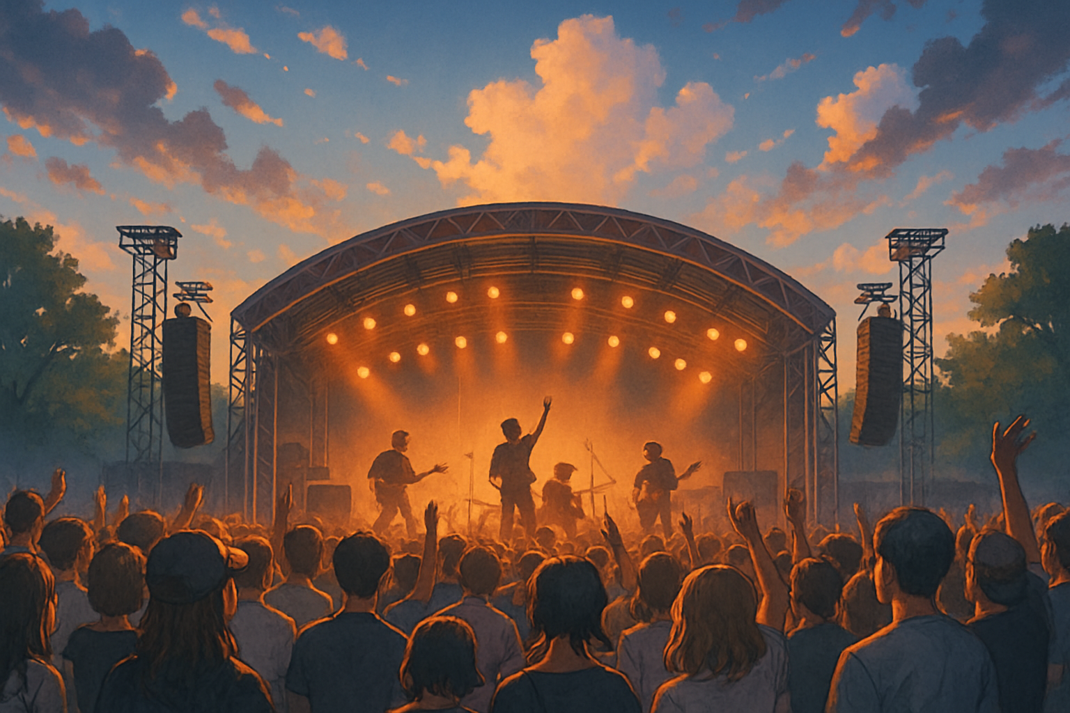 A vibrant summer music festival at sunset with a cheering crowd and a glowing stage under orange sky lighting.（夕暮れの空の下、オレンジ色の照明がステージと観客を照らす夏の音楽フェスの情景）