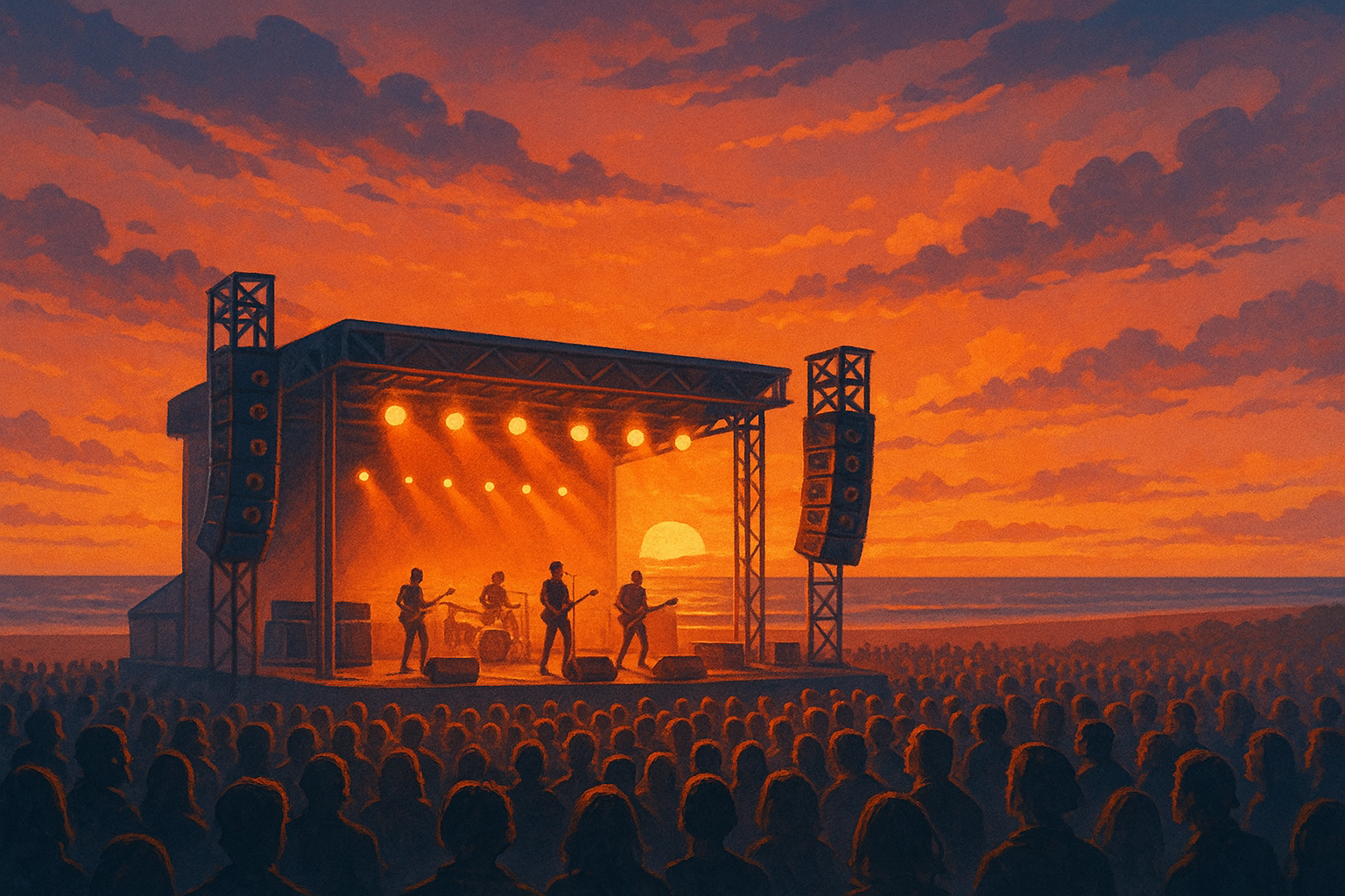 A digital painting of an outdoor rock concert at sunset, with a crowd silhouetted against a glowing orange sky and a band performing on a seaside stage.（夕暮れ時の屋外ロックコンサートを描いたデジタルペイント。観客とバンドがシルエットになり、海辺のステージが夕日で輝く構図）