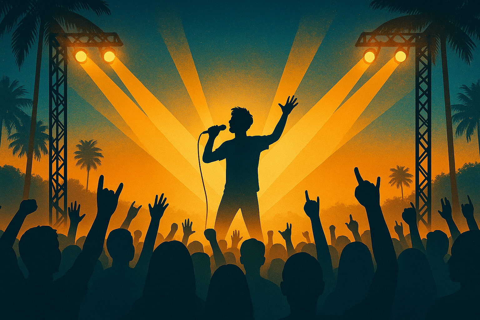 A digital illustration of a summer night outdoor concert festival with stage lights and a cheering crowd – 夏の夜、盛り上がる野外音楽フェスの様子を描いたデジタルイラスト