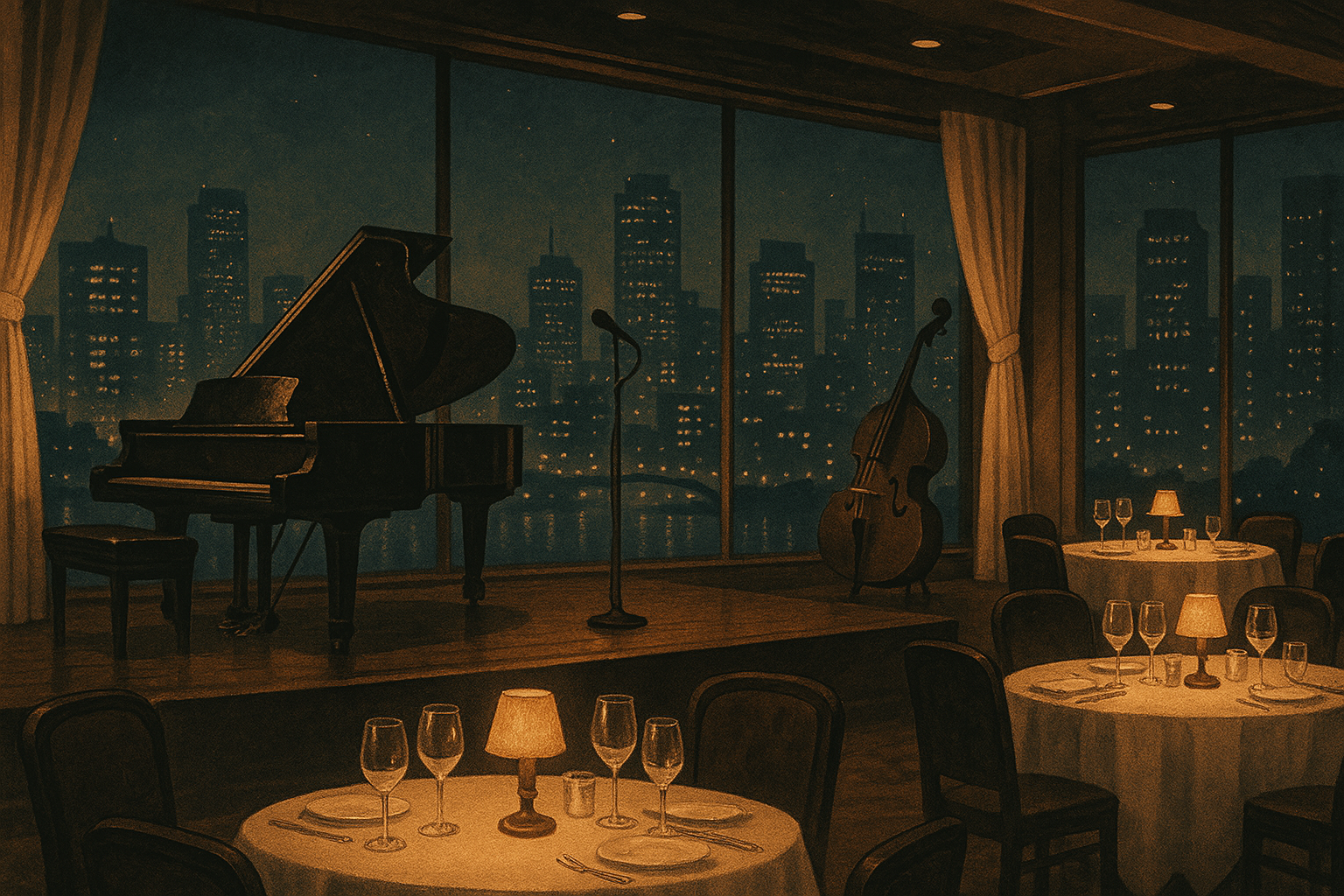 An upscale restaurant interior with an empty jazz stage overlooking a city skyline at night — 夜景を望む高級レストランの無人ジャズステージ風景