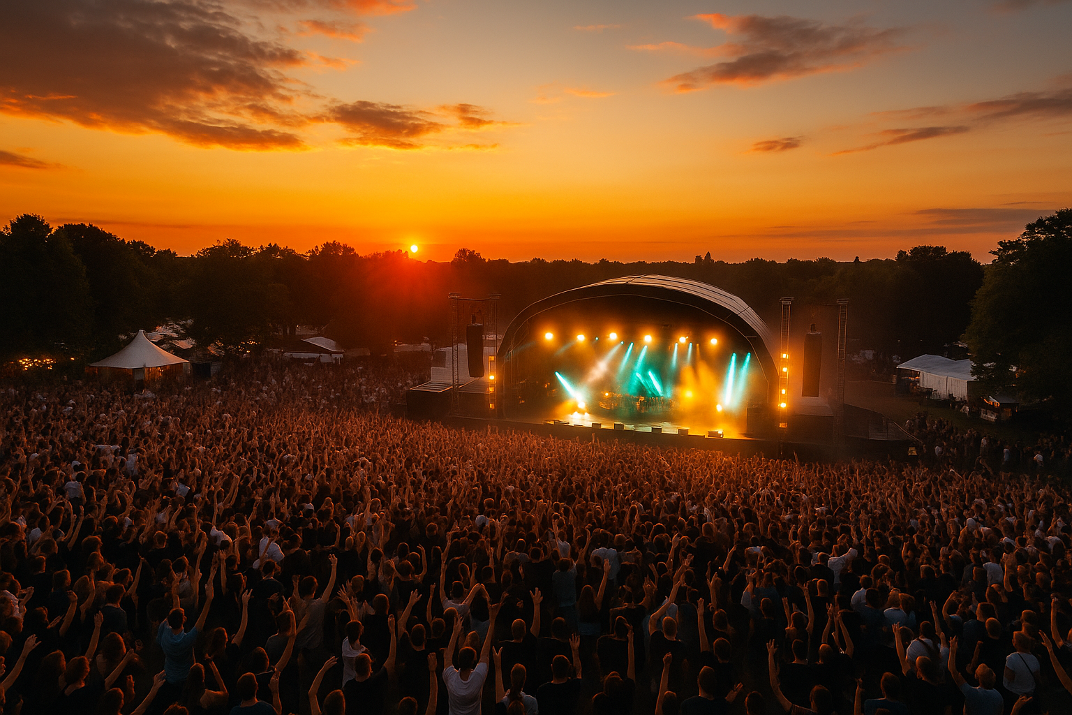 Aerial photo of a sunset music festival crowd cheering in front of a glowing stage with trees in the background.（夕焼けの中、野外ステージに向かって盛り上がる観客たちを上空から捉えた音楽フェスの光景）