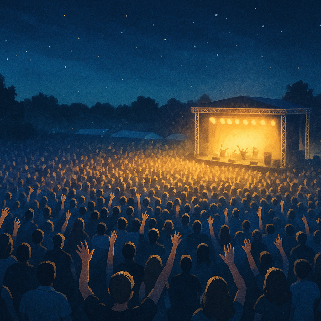 A stylized nighttime illustration of a music festival, with a glowing stage illuminating a large crowd under a starry sky, surrounded by silhouettes of trees.（星空の下、ステージの光に照らされる観客が描かれた、夜の音楽フェス