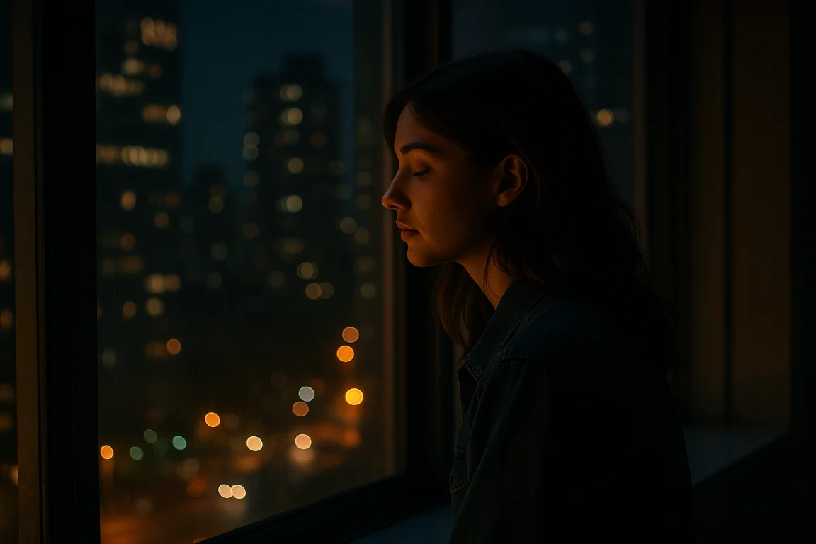 A young woman with soft features gazes out a window at a glowing cityscape, warm lights reflecting on her face, evoking a cinematic and romantic mood.／夜の都会の灯りを見つめる女性の横顔、映画的でロマンティックな雰囲気
