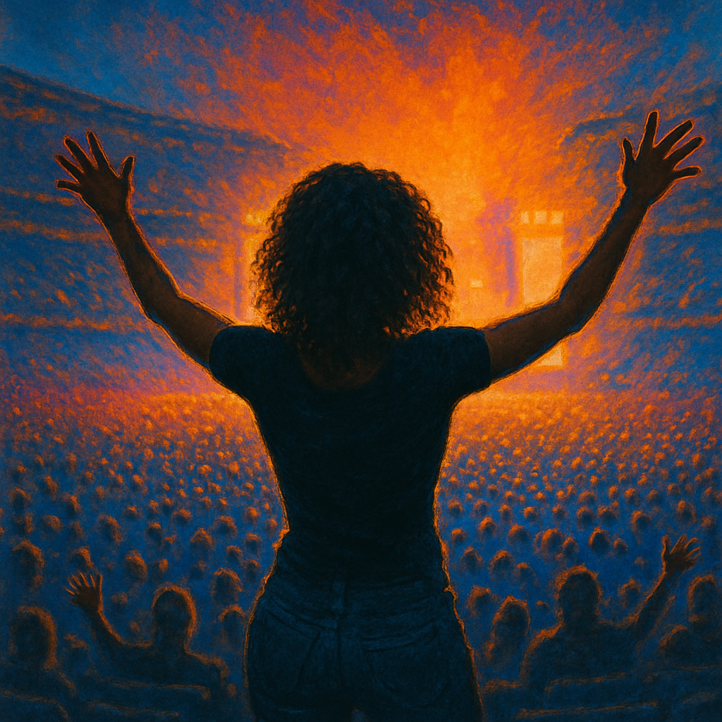A woman with confident posture stands on stage with her back to the audience, lights glowing in vibrant R&B colors, evoking early 2000s energy and the bold, playful mood of “Bootylicious” by Destiny’s Child. 自分の魅力に自信を持ち、堂々と輝く2000年代R&Bの世界観を表現したイメージ