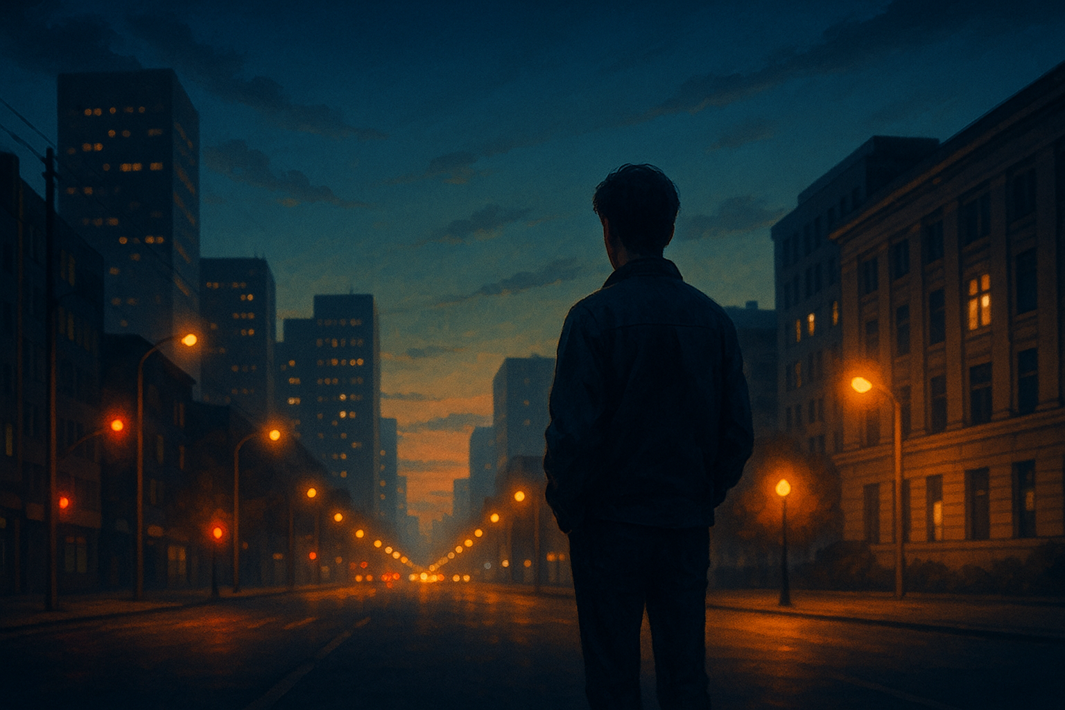 A solitary figure stands on a quiet urban street at dusk, bathed in blue and orange light, evoking a calm and introspective mood. （夕暮れの都会の通りに佇む人物のシルエット。青とオレンジの光が交錯し、静かで内省的な雰囲気を演出）